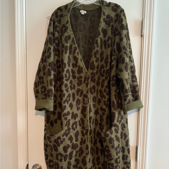 LOGO by Lori Goldstein Sweaters - LOGO by Lori Goldstein Leopard Print Cardigan - Green and Brown